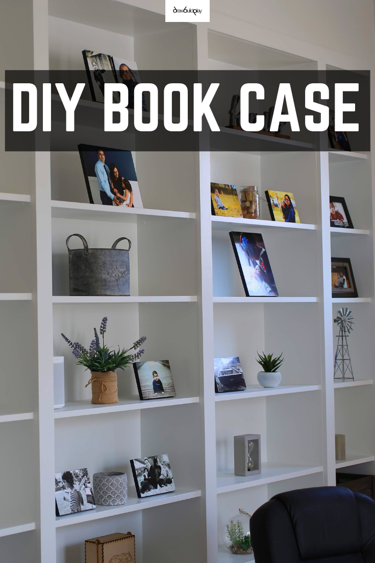 This simple DIY book case is built with IKEA billy book cases, then wrapped in molding and painted to give a custom built in book case look to any room in your home.  Display your favorite home decor items on this DIY book case, or actually use it for your library of books.  Read more to learn how to DIY this book case yourself. #bookshelf #bookcases #diybookcaseideas #shelveswhite #homedecorshelves #styledbookcase #bookcasemakeovers