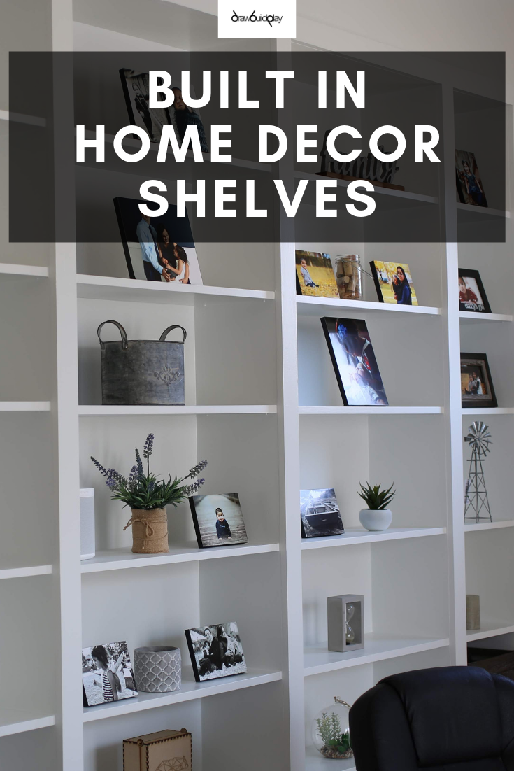 Home decor shelves are a great way to show off what you love.  Whether you display books, photos, or simple home decor elements, these white shelves give that clean sleek look to give extra polish.  Read more about how to build these gloss white home decor shelves yourself. #bookshelf #bookcases #diybookcaseideas #shelveswhite #homedecorshelves #styledbookcase #bookcasemakeovers