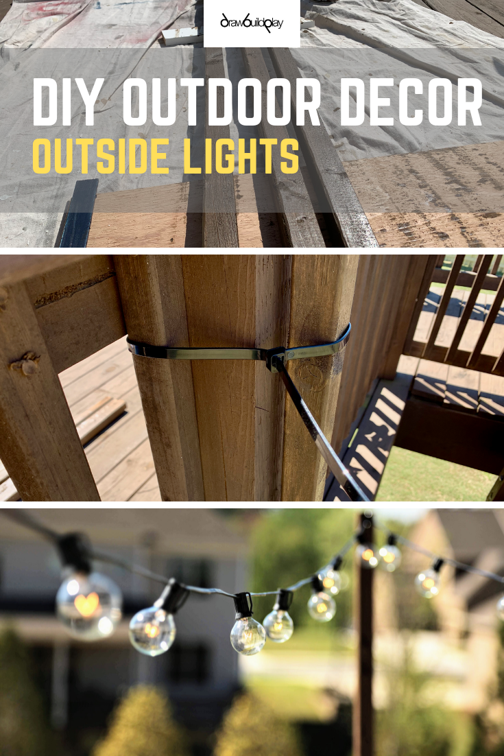 DIY Outdoor Decor for your patio.  Installing outside lights on house will level up your entertaining credentials!  Host your next outdoor party with outside lights on your house with this very easy DIY.  This simple DIY Outdoor decor can be completed in an afternoon.  Click to read more and install the outside lights this weekend! #diyoutdoordecor #outsidelightsonhouse #diy #patio #patiolighting #outdoorpartylights #outdoorpatiolighting #stringlights #patiolights #outsidelights