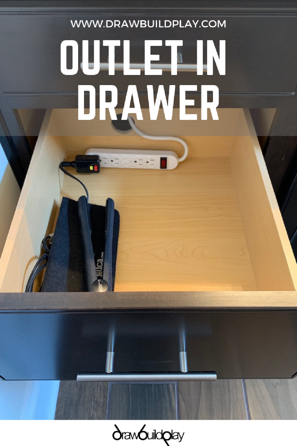 DIY Outlet In Drawer (%!s(<nil>), %!s(<nil>), %!s(<nil>)) - Installing a DIY Outlet in a drawer is an easy to do DIY to give you hidden outlets in your kitchen or bathroom for your hair dryer or USB devices.