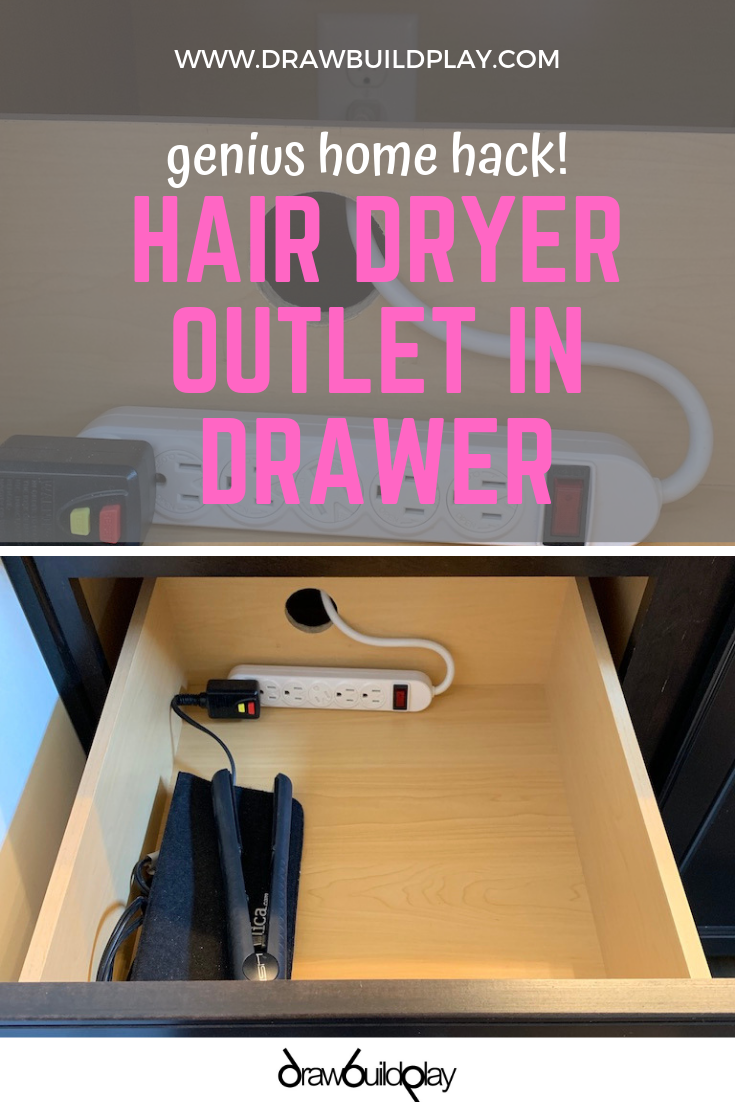 Hair Dryer Outlet in Drawer for your bathroom drawer is a genius home hack. This DIY creates you a hidden outlet to hide your hair dryer or hair iron out of view while not in use. #outlet #hiddenoutlet #outletindrawer #bathroom #kitchen #usb #usboutlet #drawer