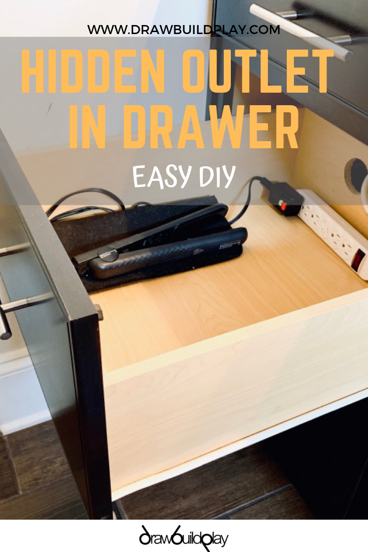 Hidden outlet in drawer for your bathroom drawer or kitchen drawer. This Outlet in drawer DIY creates you a hidden outlet to hide your devices or hair dryer out of view while plugged in. #outlet #hiddenoutlet #outletindrawer #bathroom #kitchen #usb #usboutlet #drawer