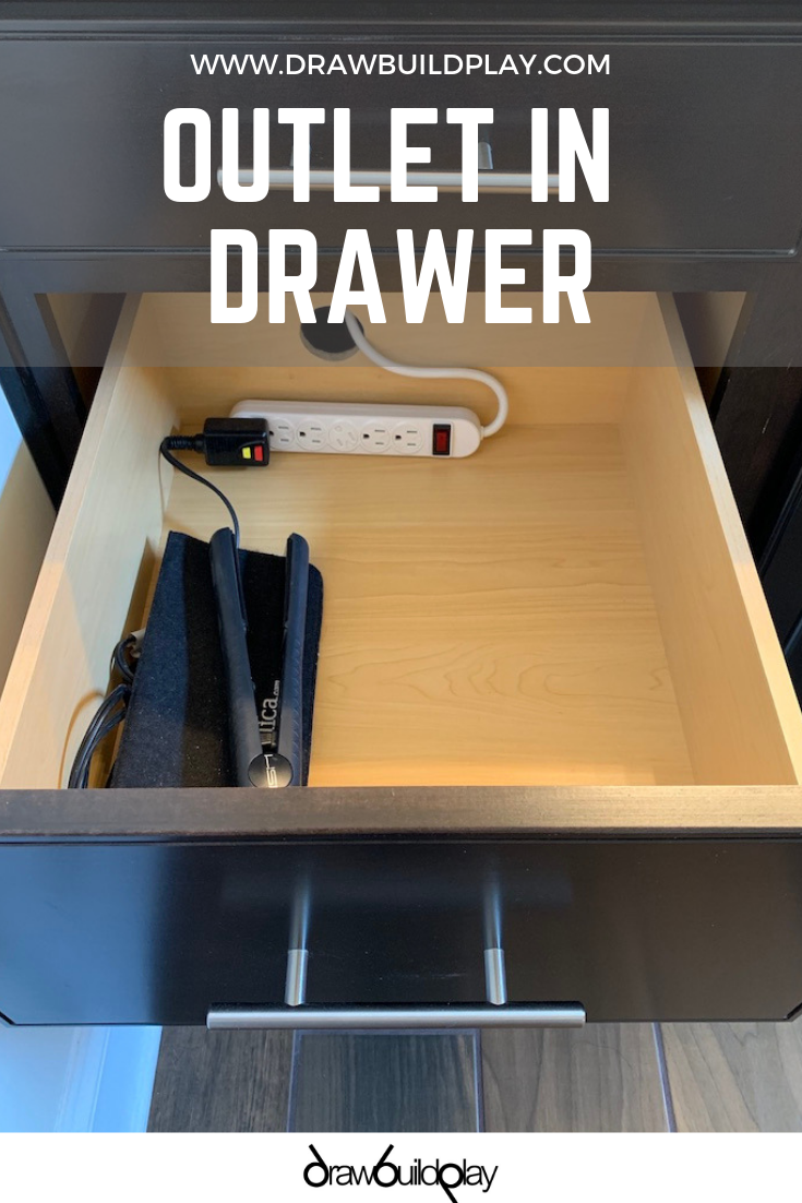 DIY Outlet in drawer for your bathroom drawer or kitchen drawer. This DIY creates you a hidden outlet to hide your devices or hair dryer out of view while plugged in. #outlet #hiddenoutlet #outletindrawer #bathroom #kitchen #usb #usboutlet #drawer