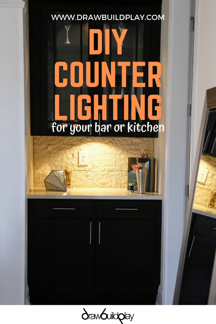 DIY Counter Lighting is so simple to do and costs less than $30. The counter lighting hardware is cheap, and easy to install yourself in just a few minutes, saving on installation costs. This under cabinet lighting looks great in your bar or your kitchen and can be installed both under the cabinets or inside the cabinets. #cabinetlighting #lighting #cabinets #undercabinet #undercabinetlighting #diycabinetlighting #counterlighting