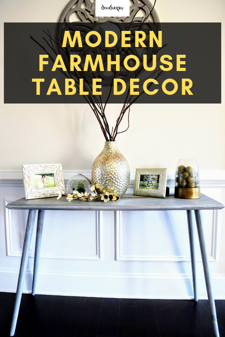 Check out this modern farmhouse table decor for your entryway or hallway.  This modern farmhouse table is slim, making it perfect for a hallway or entryway location.  The grey whitewash makes it a must have decor piece in your farmhouse home, and then decorate your table with your favorite color decor pieces. #farmhouse #farmhousetable #rusticfarmhousetable #entryway #hallwaytable #consoledecor #decorentryway