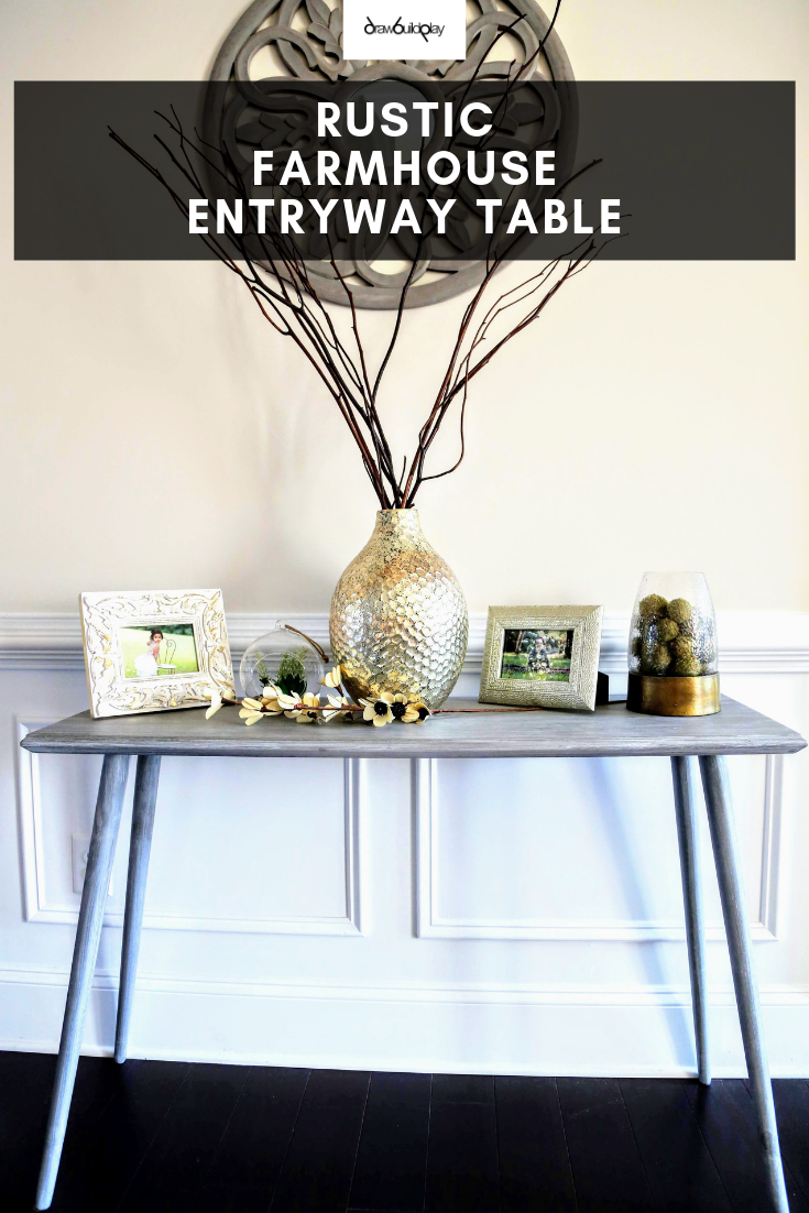 Rustic Farmhouse Table for your entryway or hallway.  This wooden farmhouse table is thin so it doesn't take up too much space, making it perfect for a hallway or entryway location.  The grey whitewash makes it a must have decor piece in your farmhouse home. #farmhouse #farmhousetable #rusticfarmhousetable #entryway #hallwaytable #consoledecor #decorentryway