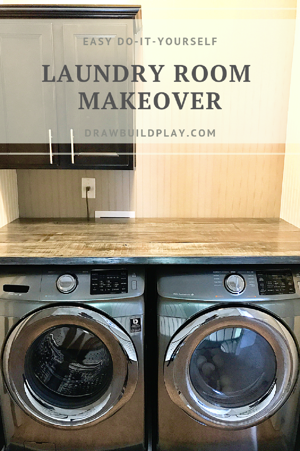 Laundry Room Makeover (%!s(<nil>), %!s(<nil>), %!s(<nil>)) - DIY Rustic Laundry Room Makeover, with Wooden Countertops and Bead Board walls. This elegant laundry room will make laundry a pleasure. Start this easy DIY laundry room remodel today.