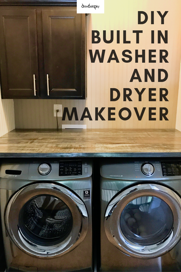 Best washer and dryer makeover with that built in look.  Easy DIY project to makeover your washer and dryer room decor with a beautiful farmhouse washer dryer counter and plenty of washer dryer storage. Save this pin to your washer dryer ideas board today! #washerdryer #laundry #washerdryercounter