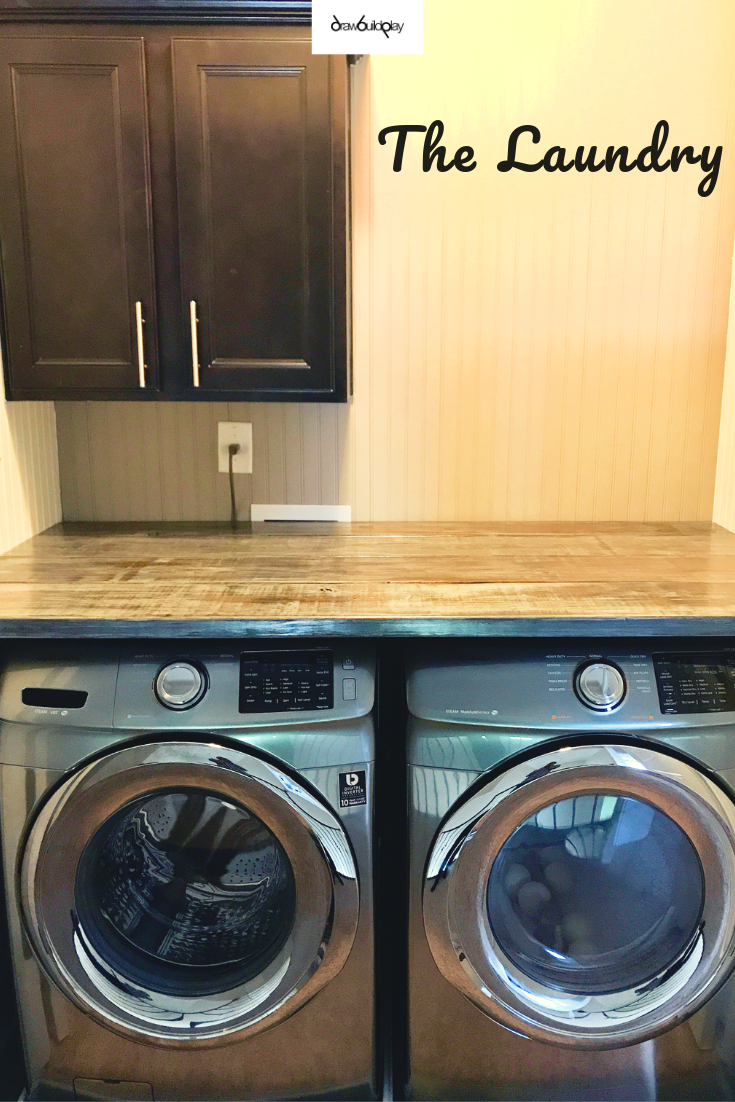 Elegant Laundry Room remodel for a small laundry room.  This elegant laundry room uses custom sanded wooden countertops with a white washed stain, and bead board panels on the walls to really introduce elegance to the laundry room. Follow our easy DIY laundry room guide for an easy DIY that looks elegant!  #elegantlaundryroom #laundryroom #laundryroomremodel #smalllaundryroom #laundryroomideas