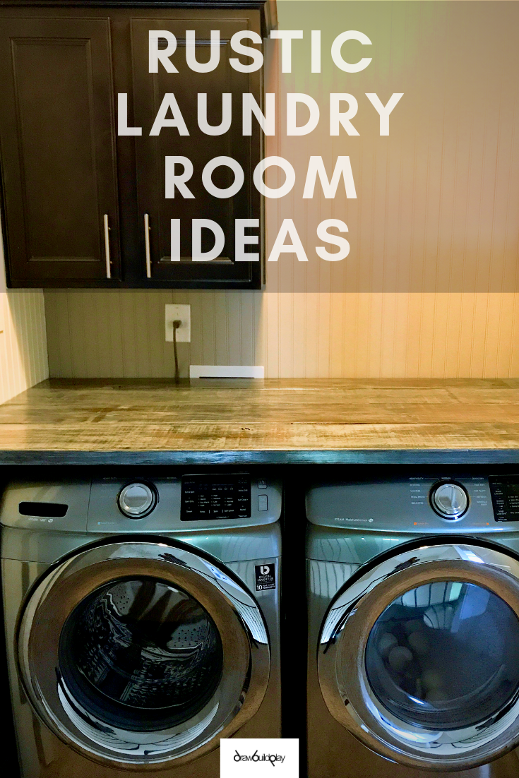 Rustic Laundry Room Ideas - This rustic laundry room makeover brings a farmhouse vibe to your laundry.  Dress up your front loading washer dryer combo with the rustic look of dated wooden countertops.