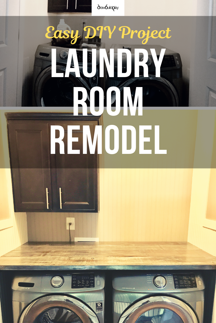 This easy laundry room remodel project will leave your laundry room looking elegant and homely, with the rustic farmhouse look.  The warmth of the distressed wooden bench over the washer dryer offers a nice countertop as a workspace.  The panelling on the walls provides an elegant finishing touch to the laundry room remodel.  This was one of the first projects I tackled and was super easy to do.  Read more to get this guide. #laundryroomremodel #laundryroom #smalllaundryroom #elegantlaundryroom #farmhouse #rustic