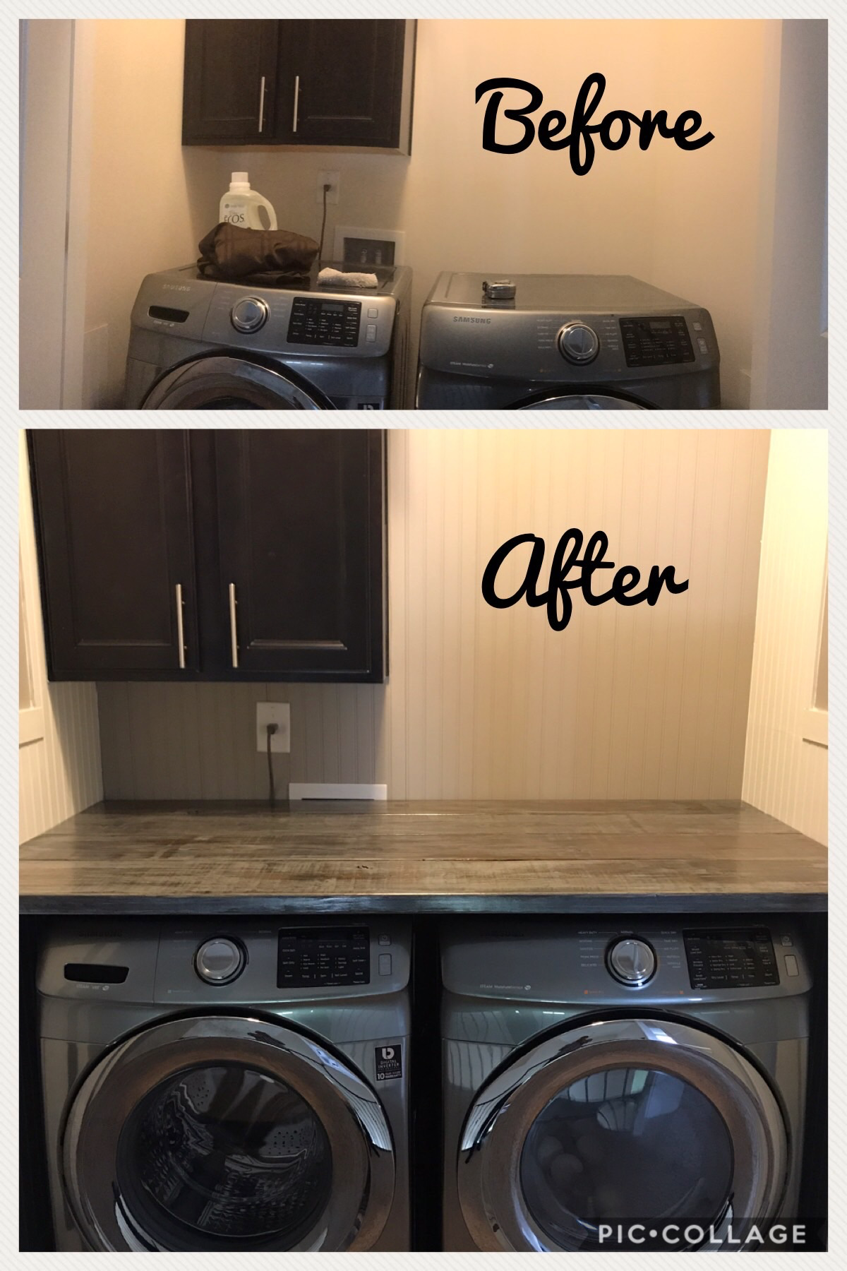 DIY Farmhouse Laundry Room with a Wooden Countertop and Beadboard walls, Distressed Countertop and Panelled Walls #farmhouse #laundry #roomdecor #laundryroom