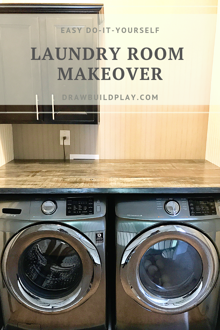 DIY Laundry Room with a Farmhouse Style and a Distressed Wooden Countertop, and Panelled Beadboard Walls #farmhouse #laundry #roomdecor #laundryroom